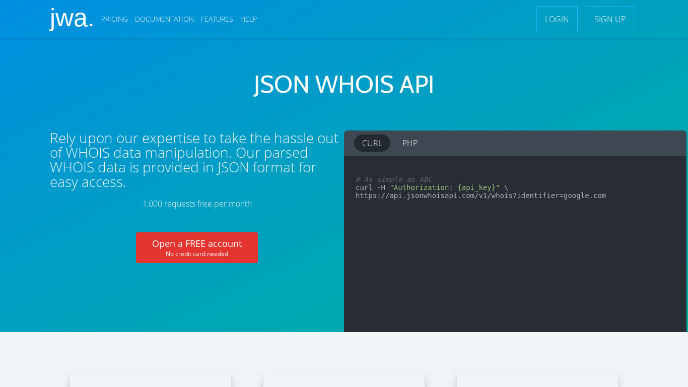 JSON WHOIS API Landing page