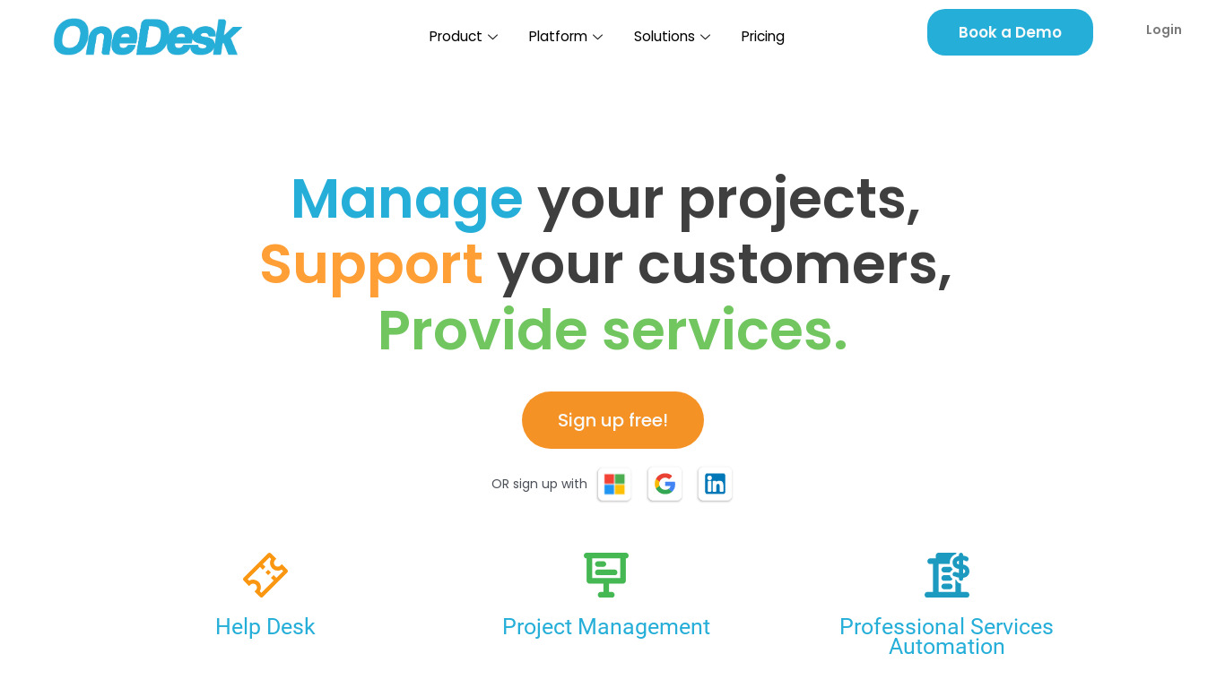 OneDesk Landing page