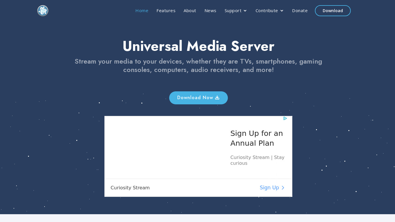Universal Media Server Landing page