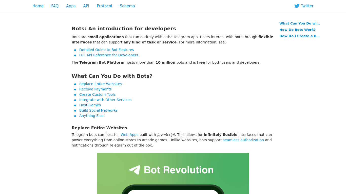 Telegram bot API Landing page