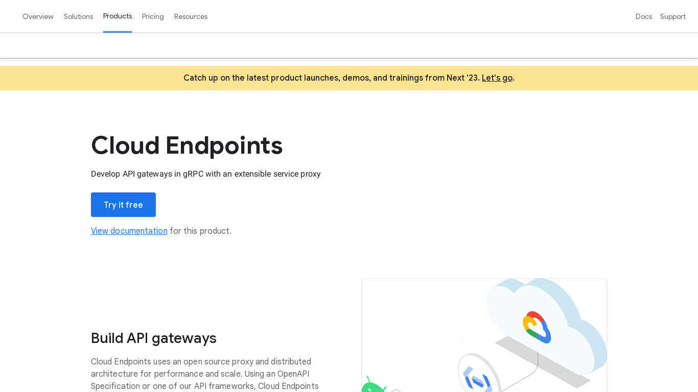 Google Cloud Endpoints Landing page