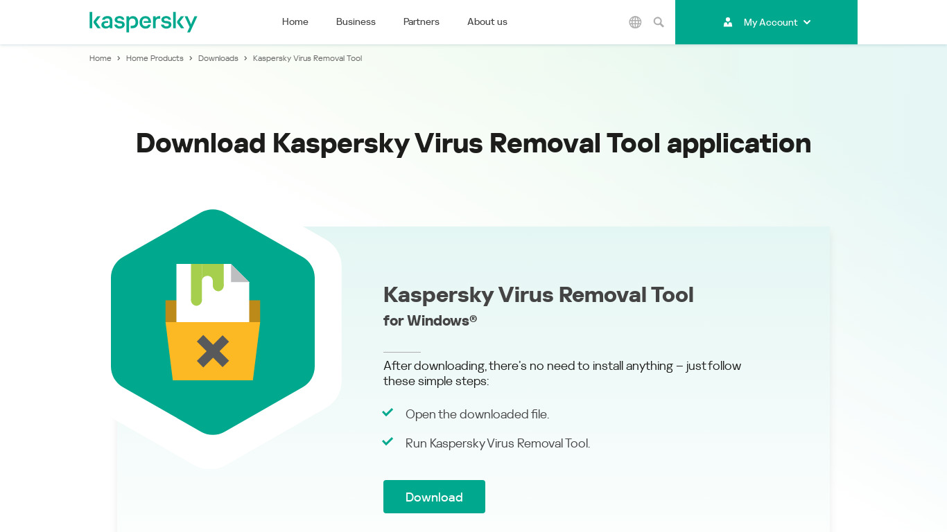 Kaspersky Virus Removal Tool Landing page