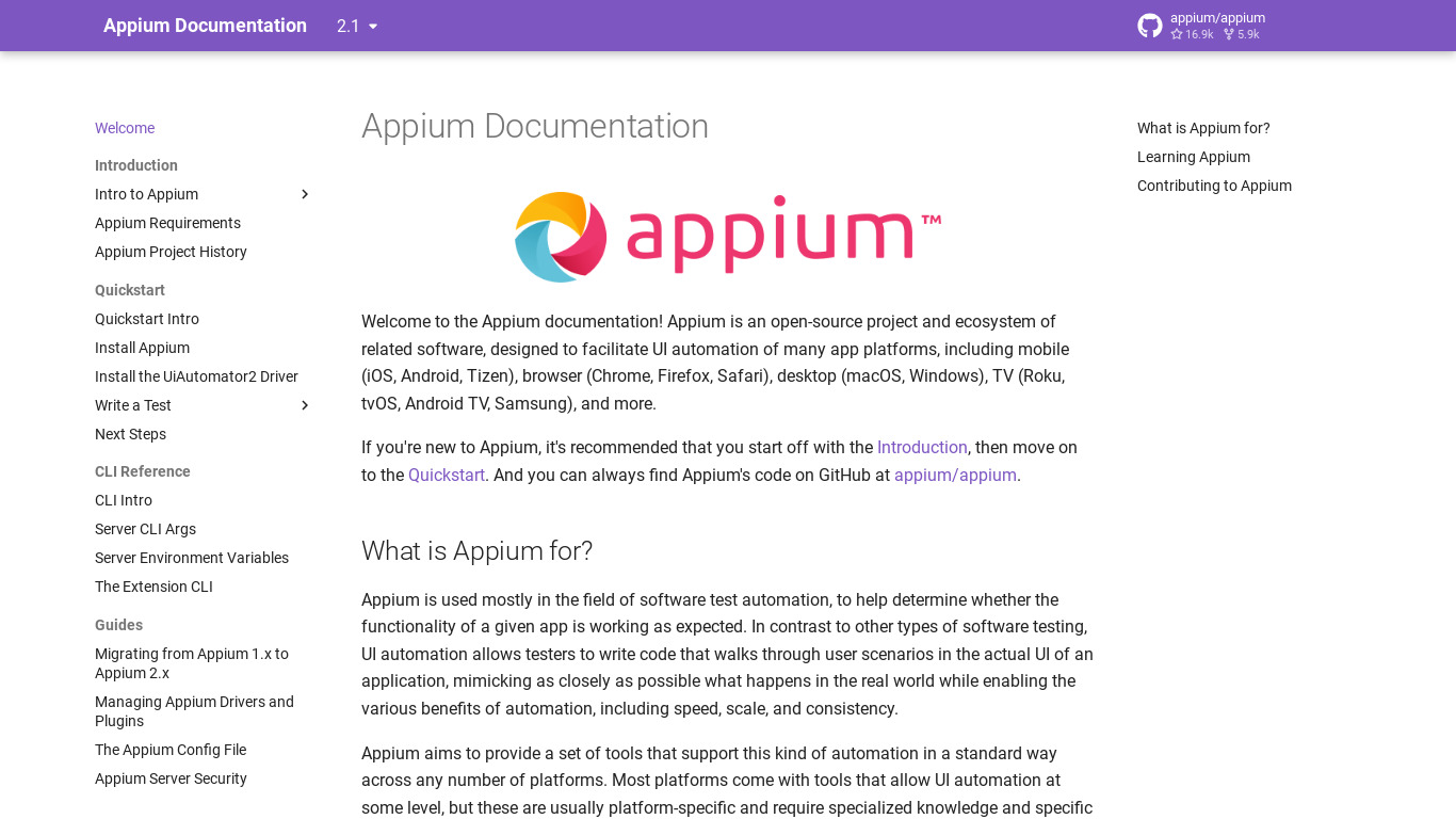 Appium Landing page