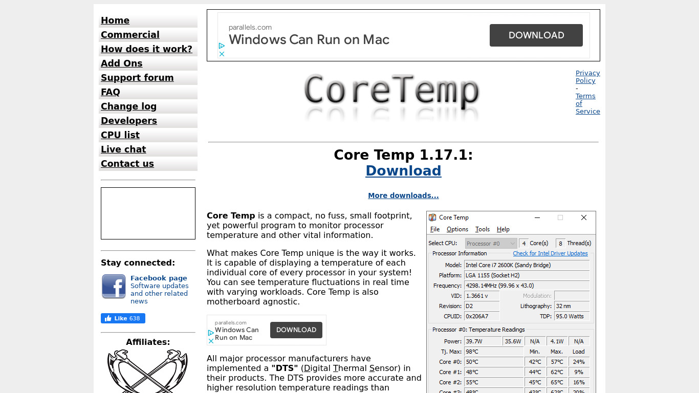 Core Temp Landing page