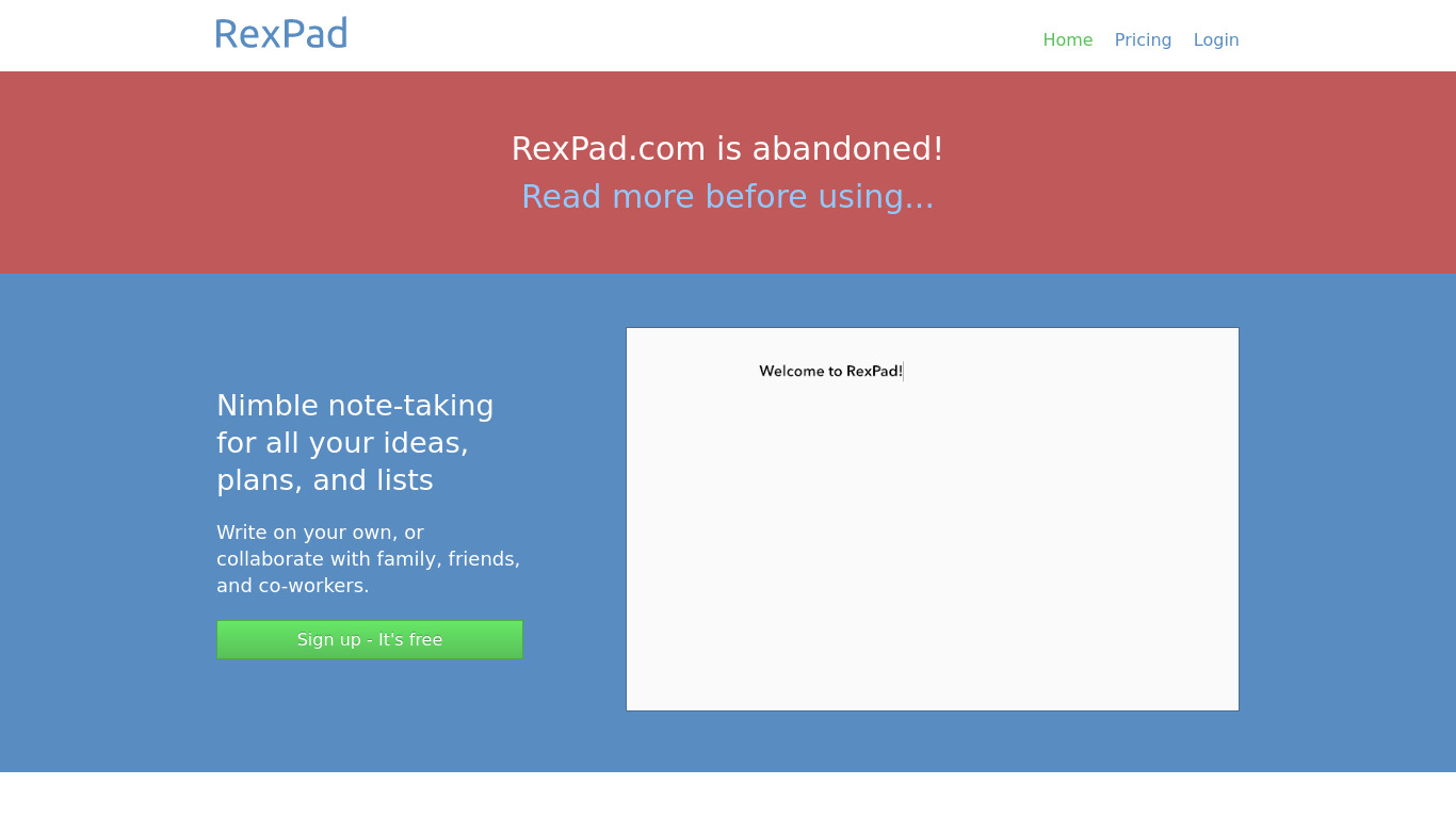 RexPad Landing page