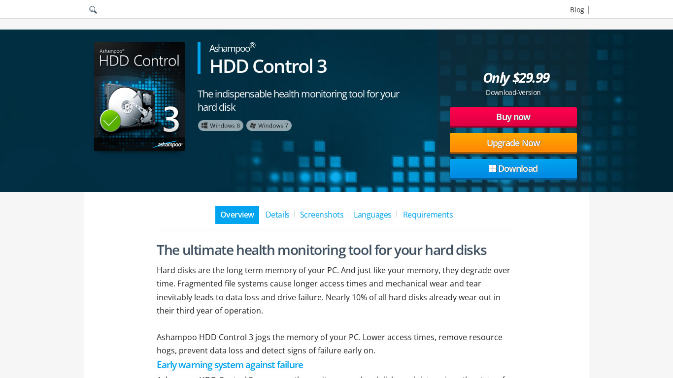 Ashampoo HDD Control Landing page