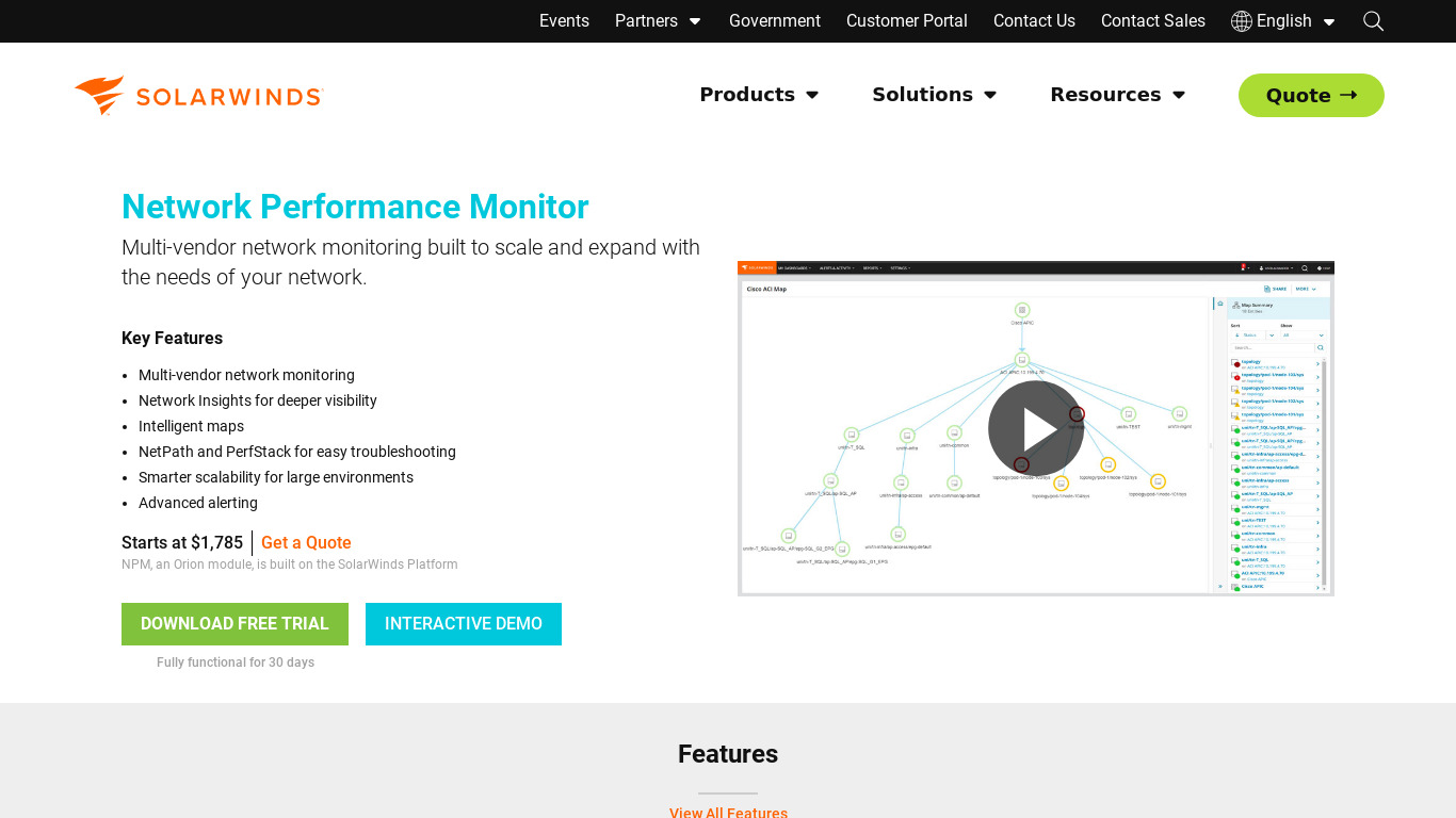 SolarWinds NPM Landing page