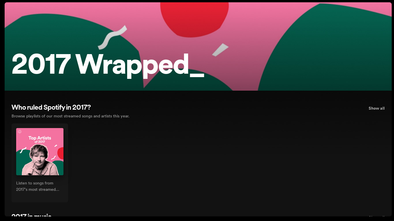 Your 2017 Wrapped by Spotify Landing page