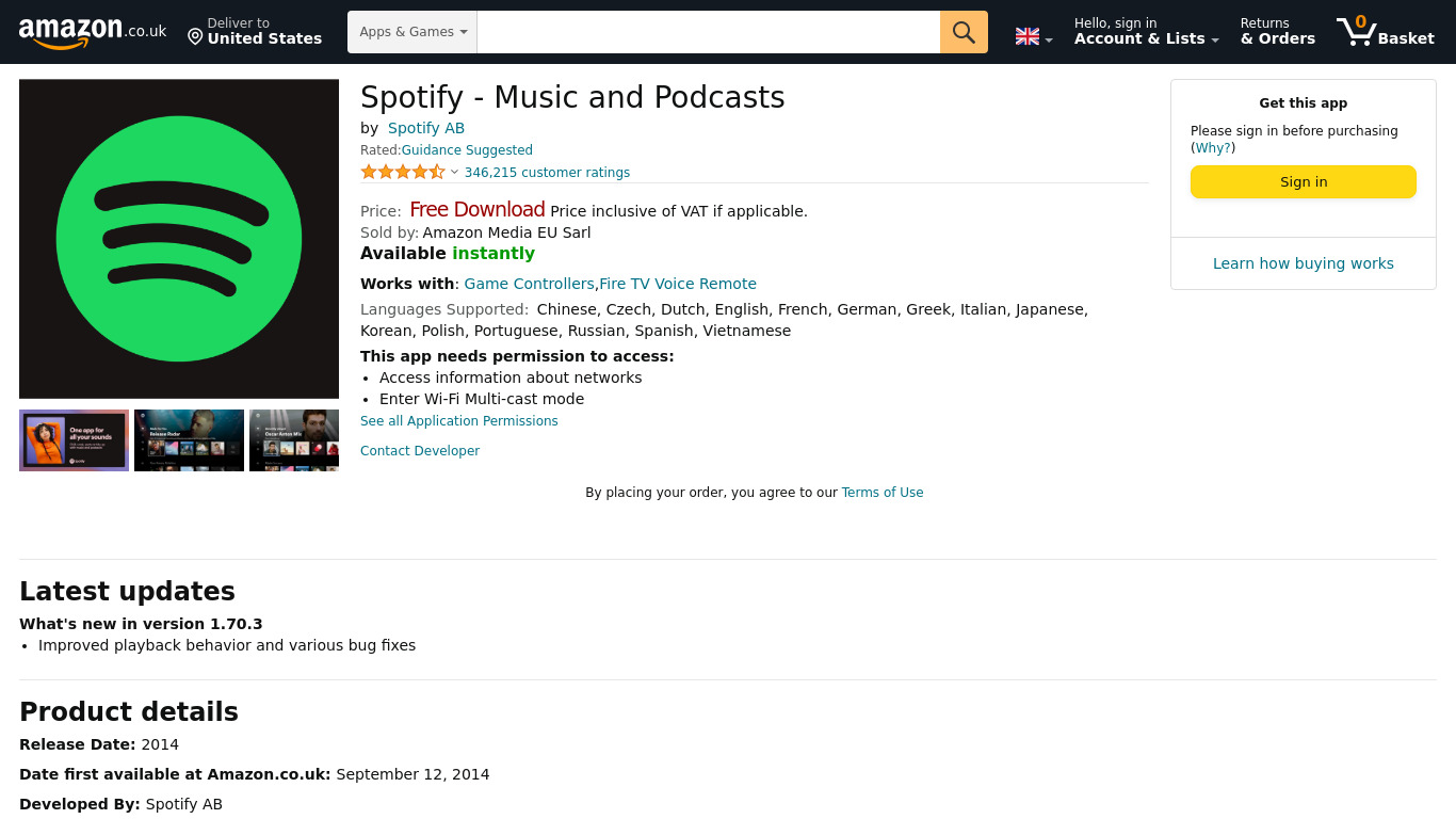 Spotify for Amazon Fire TV Landing page