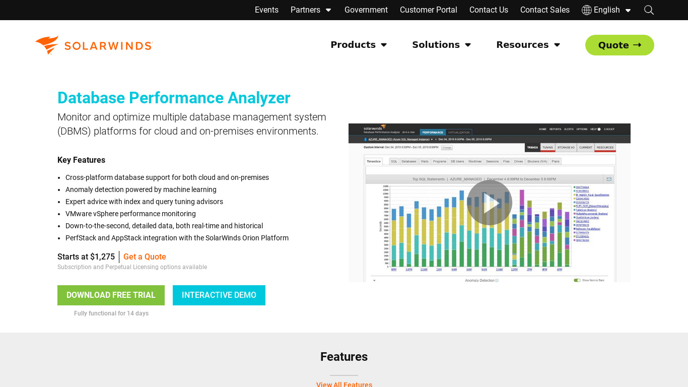 Database Performance Analyzer Landing page