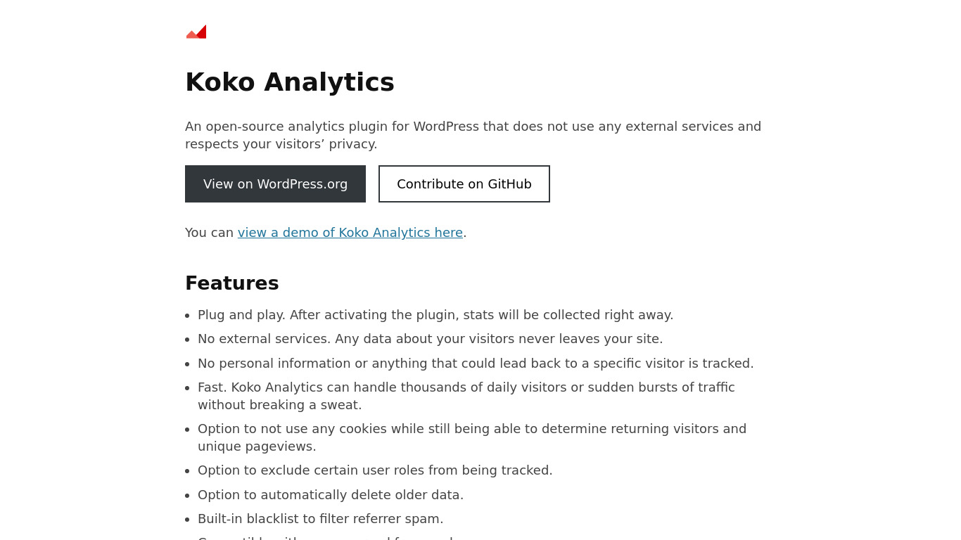 Koko Analytics Landing page
