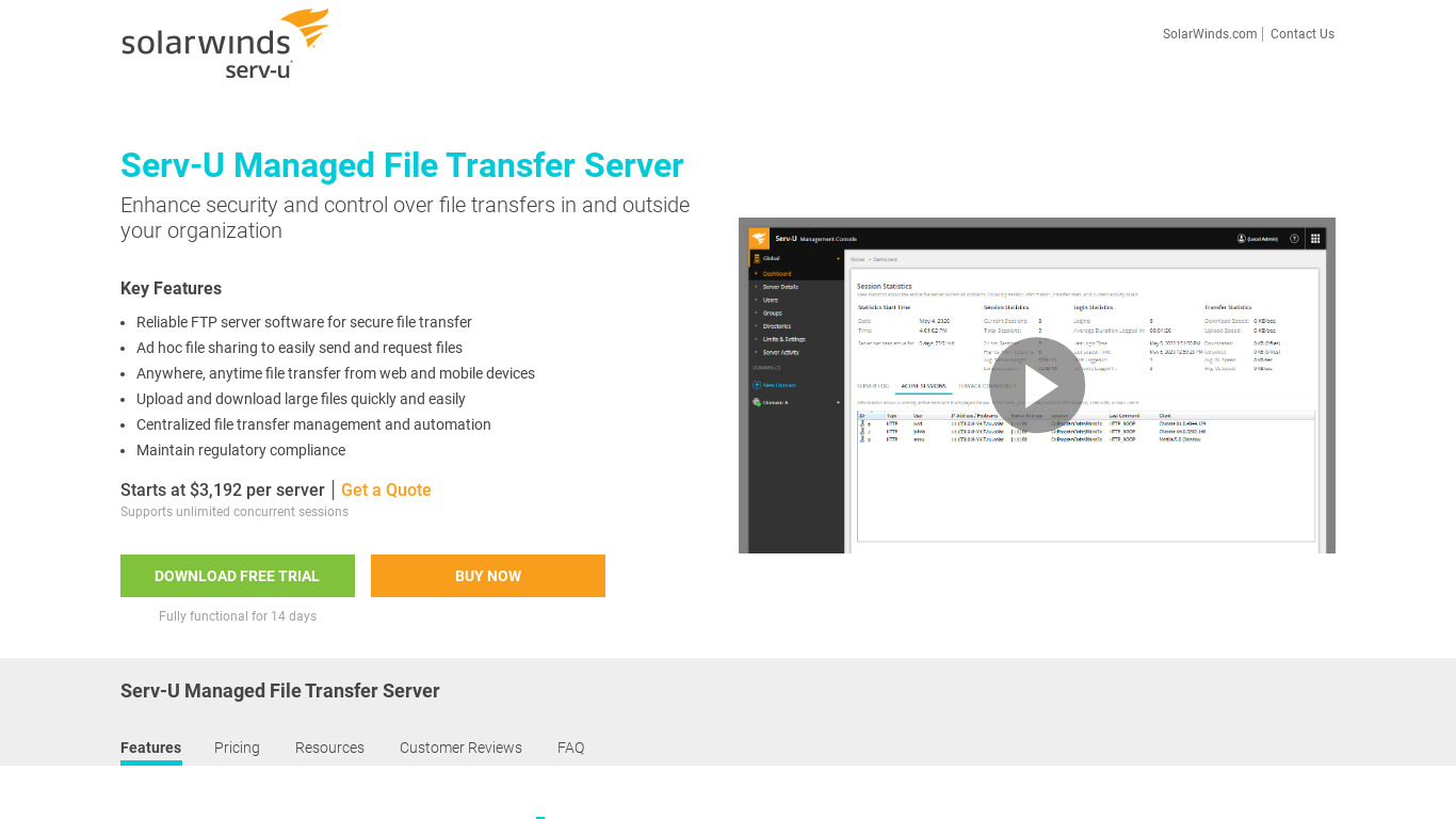 Serv-U Managed File Transfer Server Landing page
