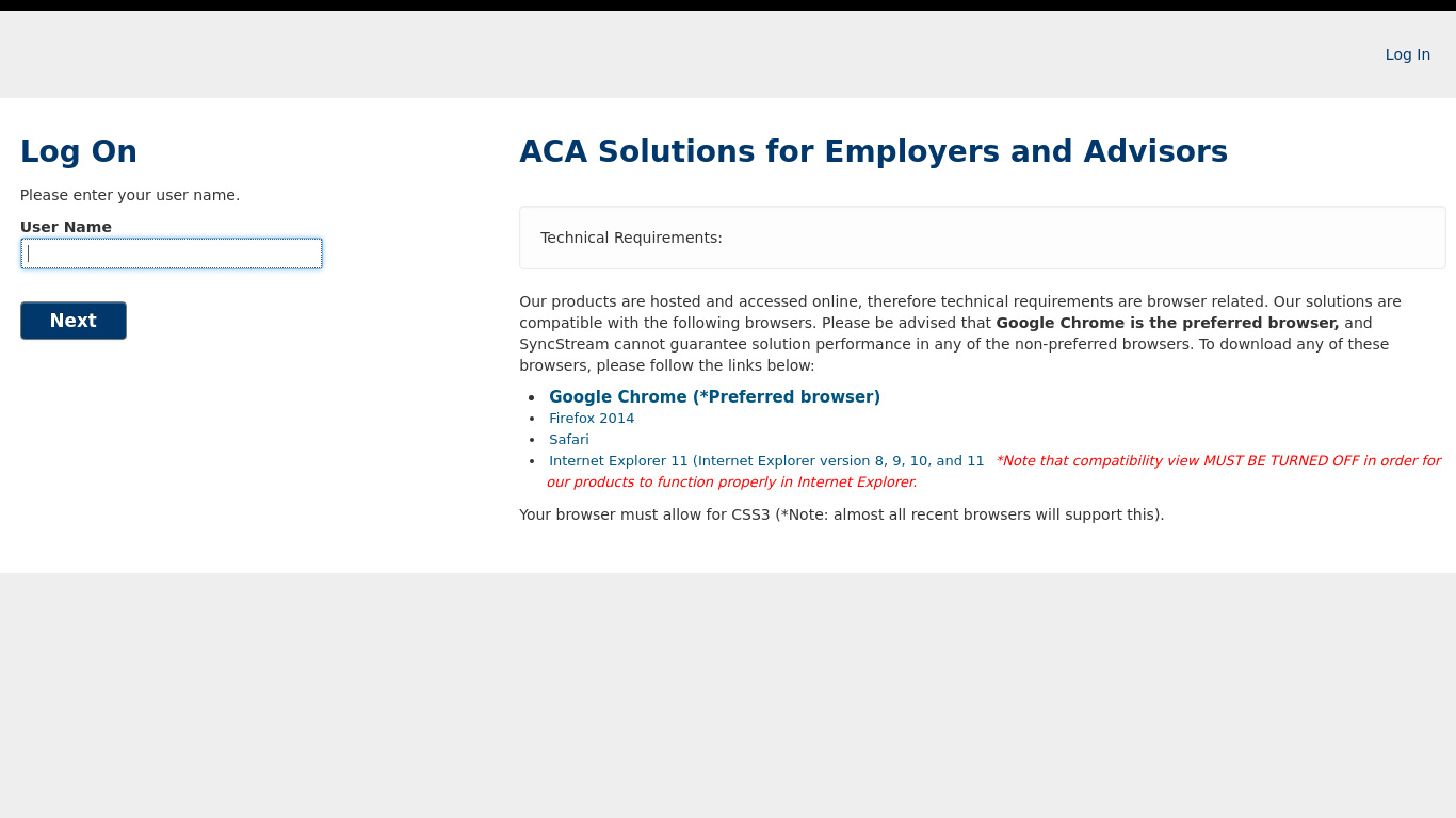 SyncStream ACA Dashboard Landing page