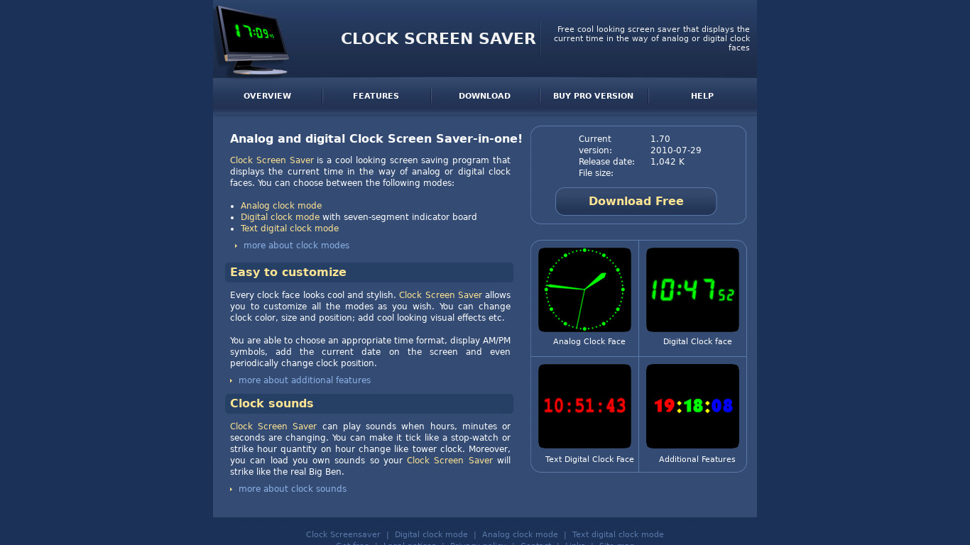 Clock Screen Saver Landing page