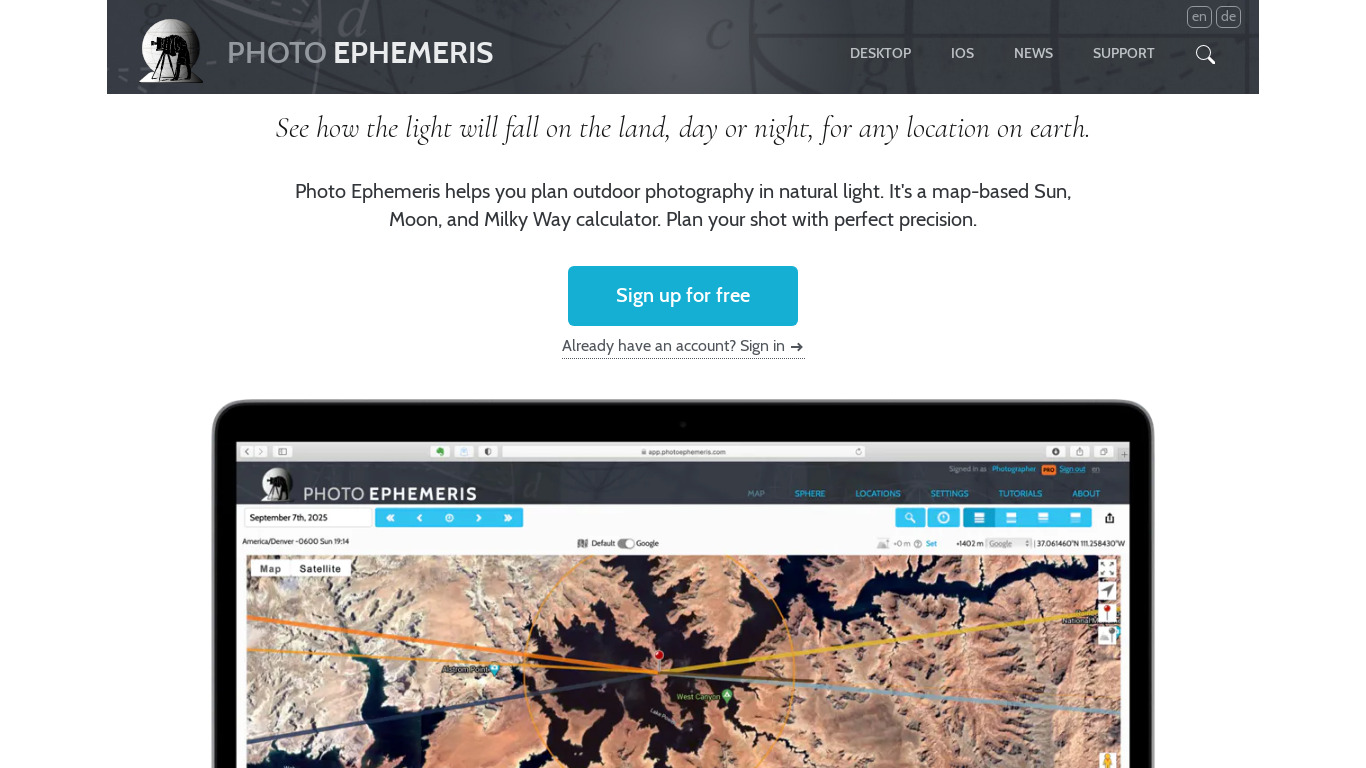 The Photographer's Ephemeris Landing page