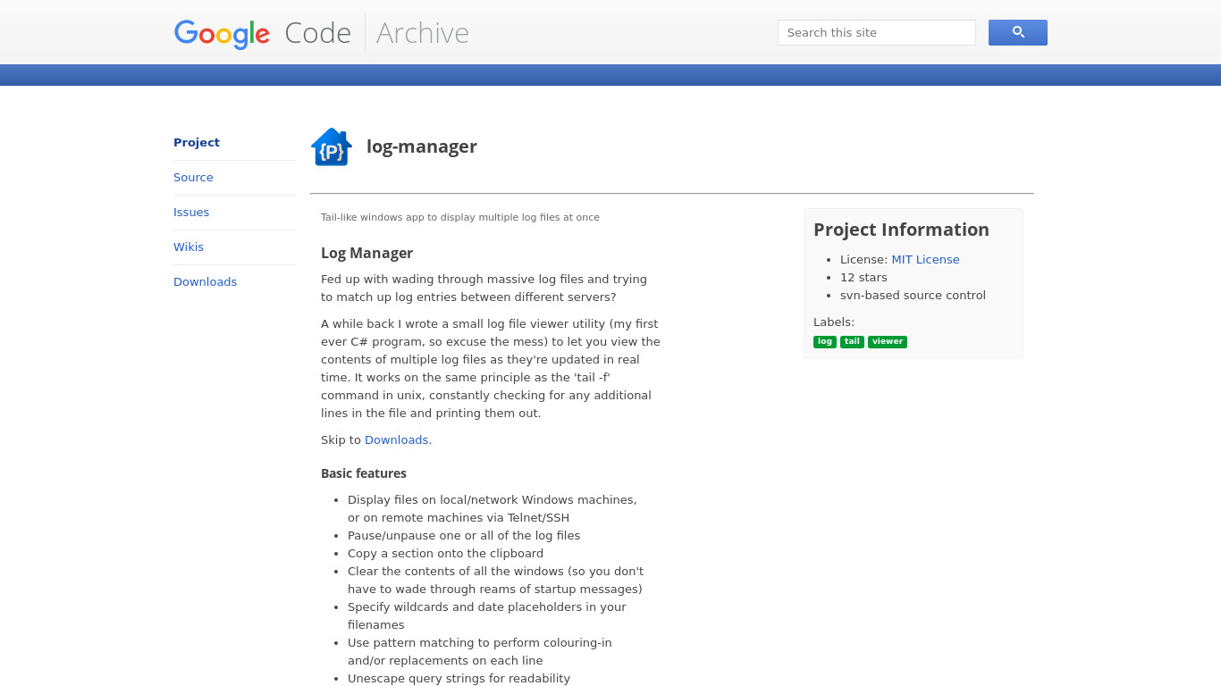 Log Manager Landing page