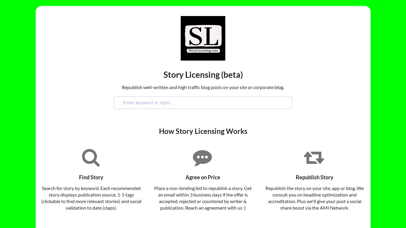Story Licensing Landing page