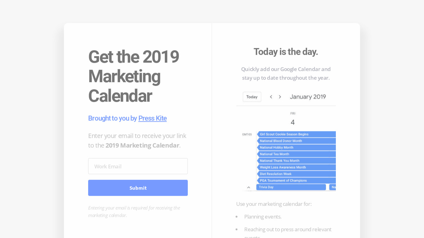 2019 Marketing Calendar Landing page