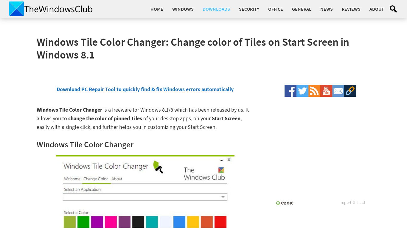Windows Tile Color Changer Landing page