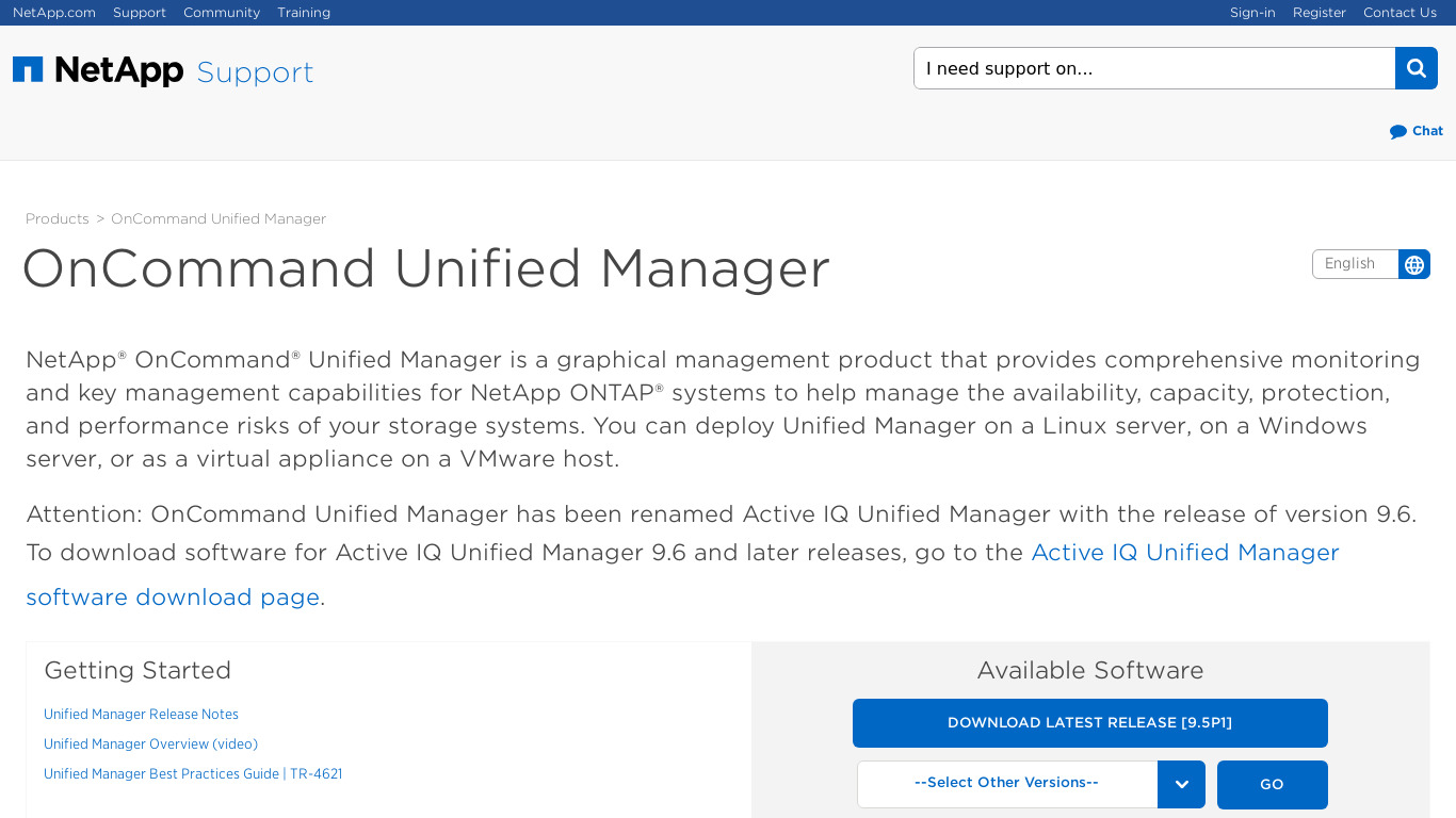 mysupport.netapp.com OnCommand Unified Manager Landing page