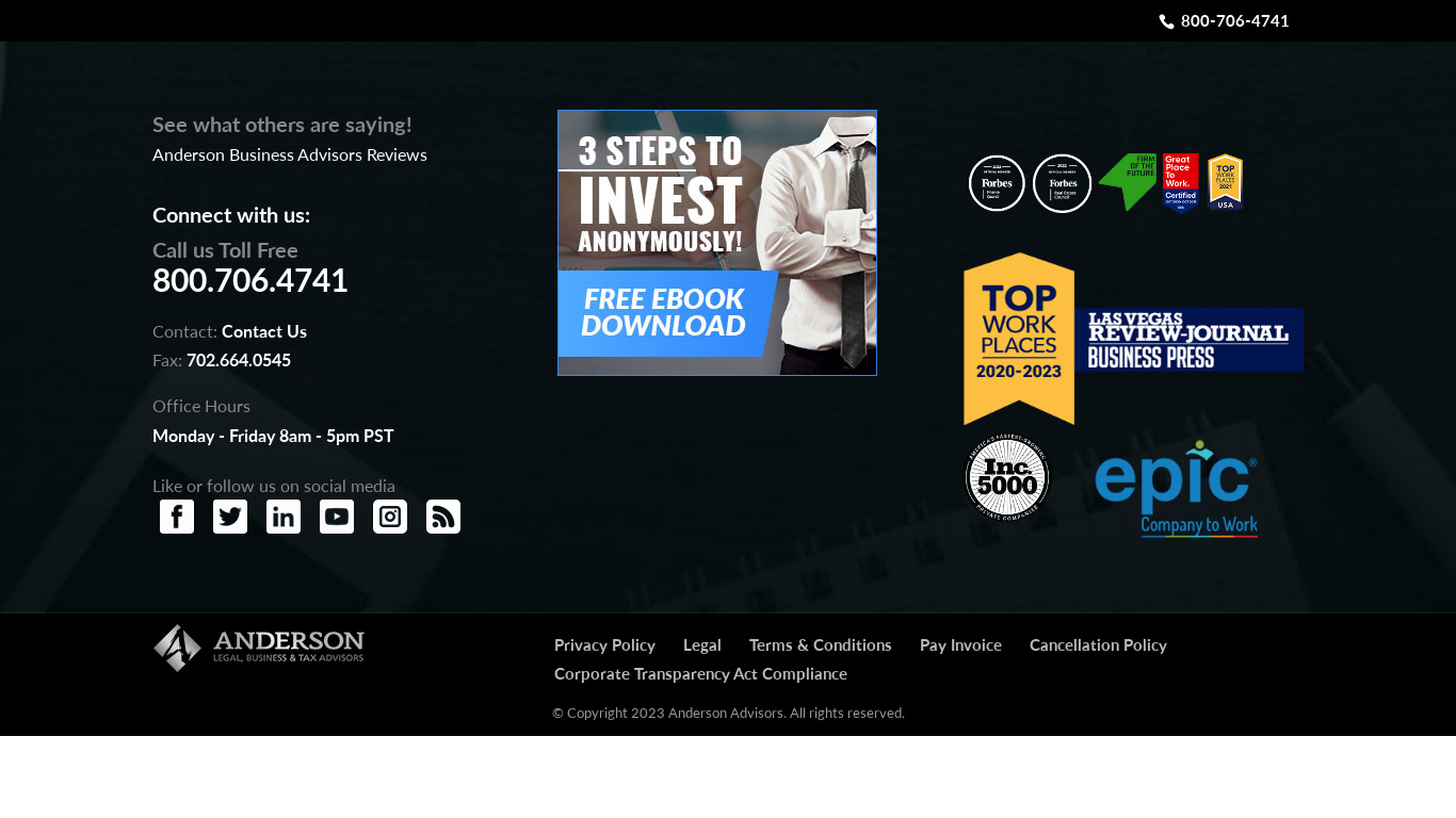 Anderson Advisors Landing page