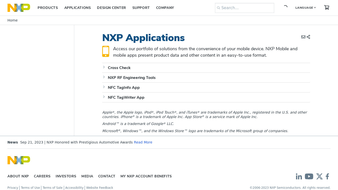 NFC TagWriter by NXP Landing page