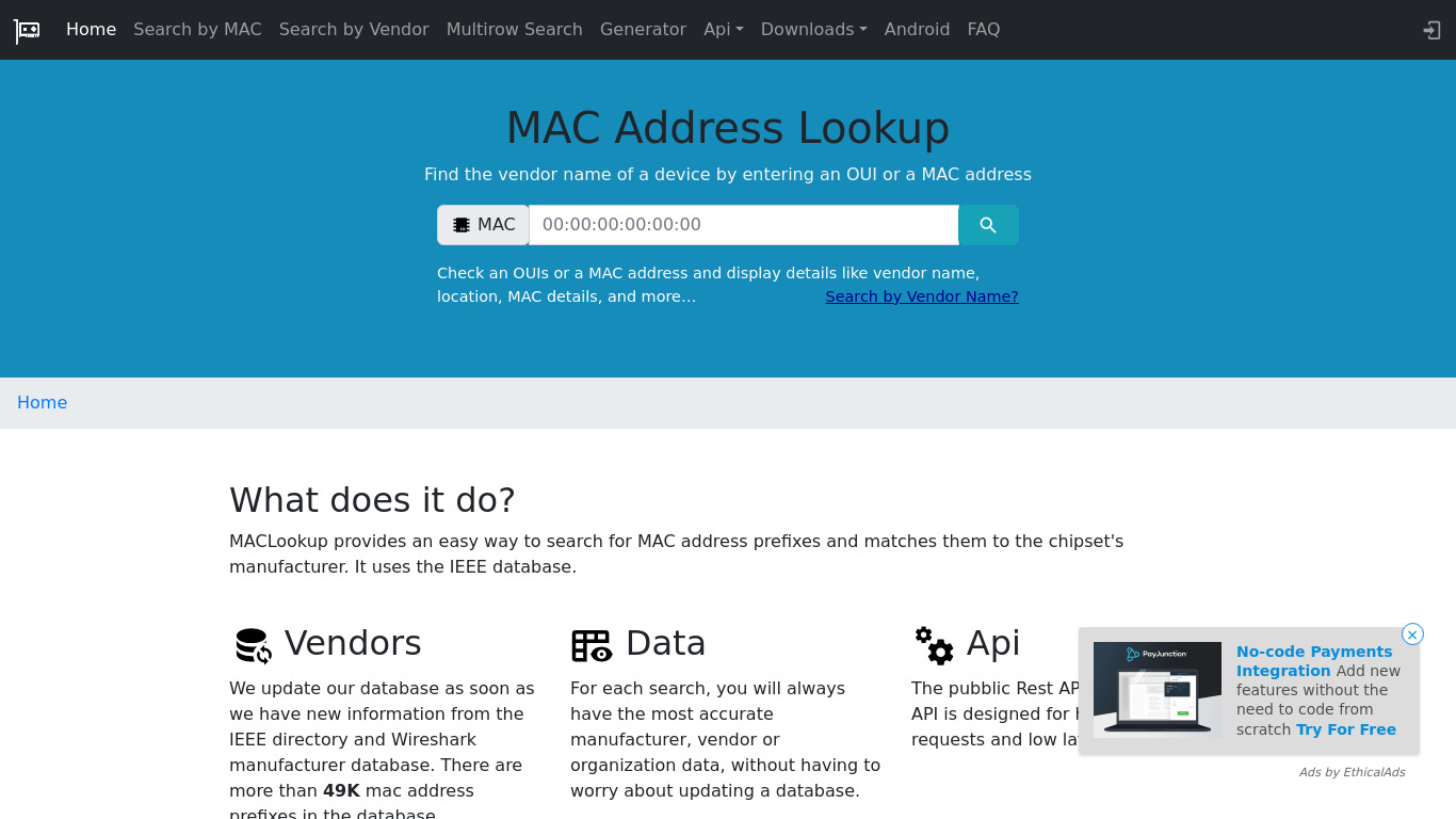 Mac Address Lookup Landing page