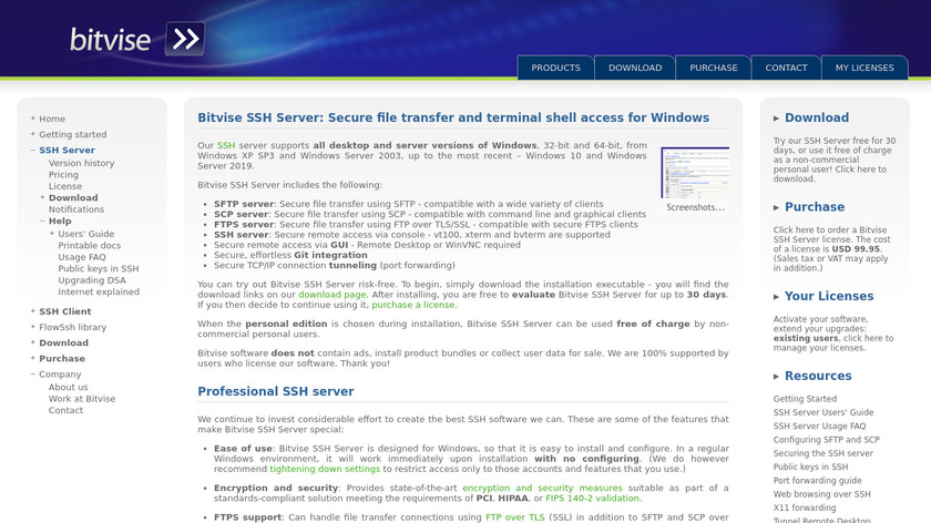 Bitvise SSH Server (WinSSHD) Landing Page