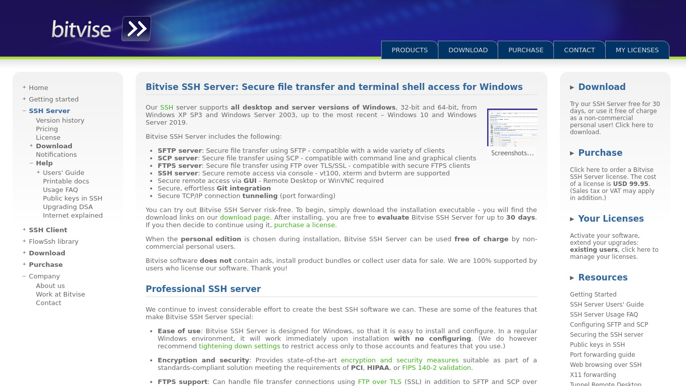 Bitvise SSH Server (WinSSHD) Landing page