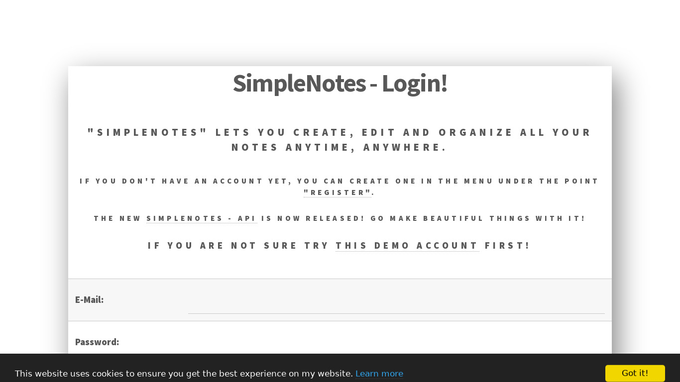 SimpleNotes Landing page