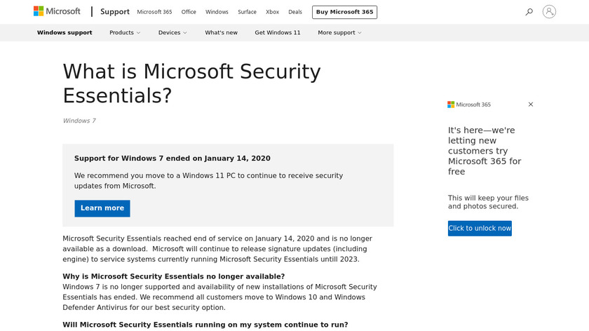 Microsoft Security Essentials Landing Page