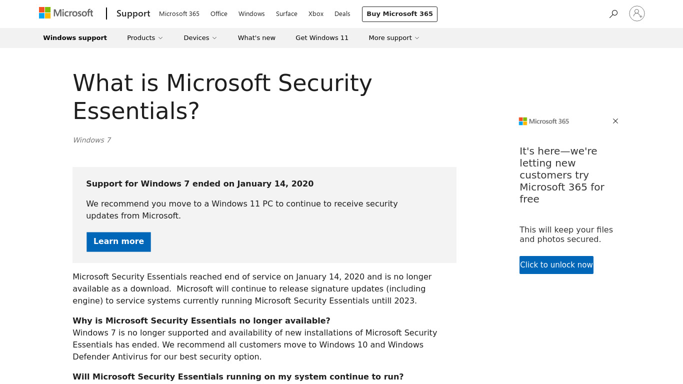 Microsoft Security Essentials Landing page
