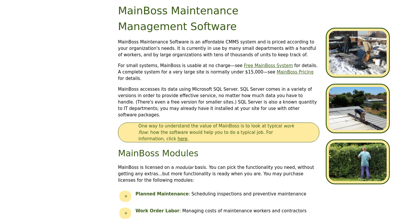 MainBoss Advanced CMMS Landing page
