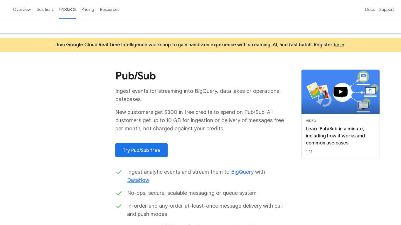 Google Cloud Pub/Sub Landing page
