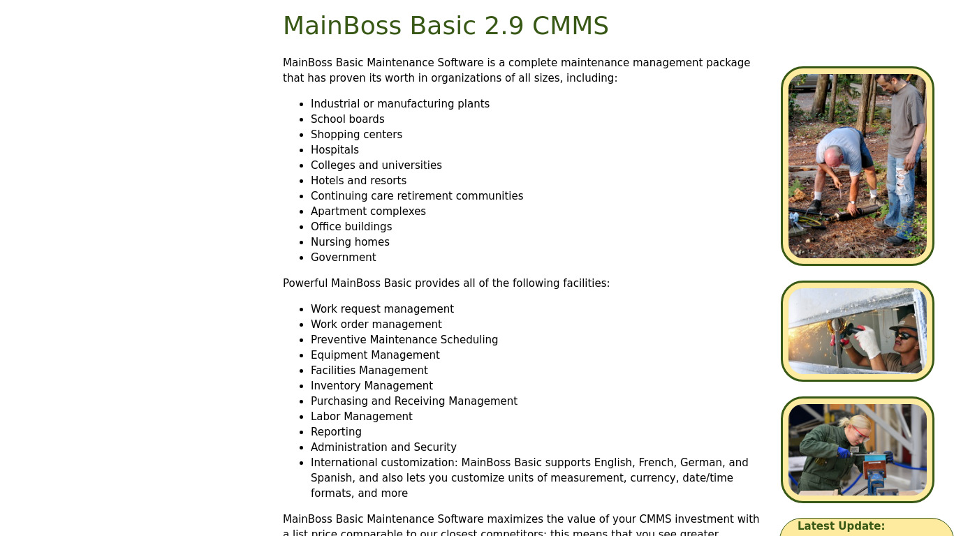 MainBoss Basic CMMS Landing page
