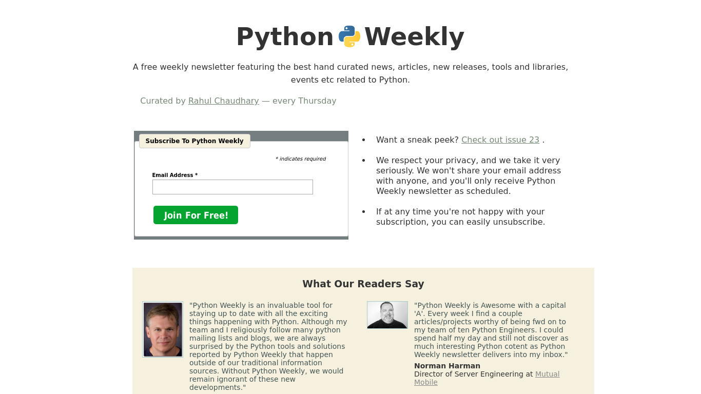 Python Weekly Landing page