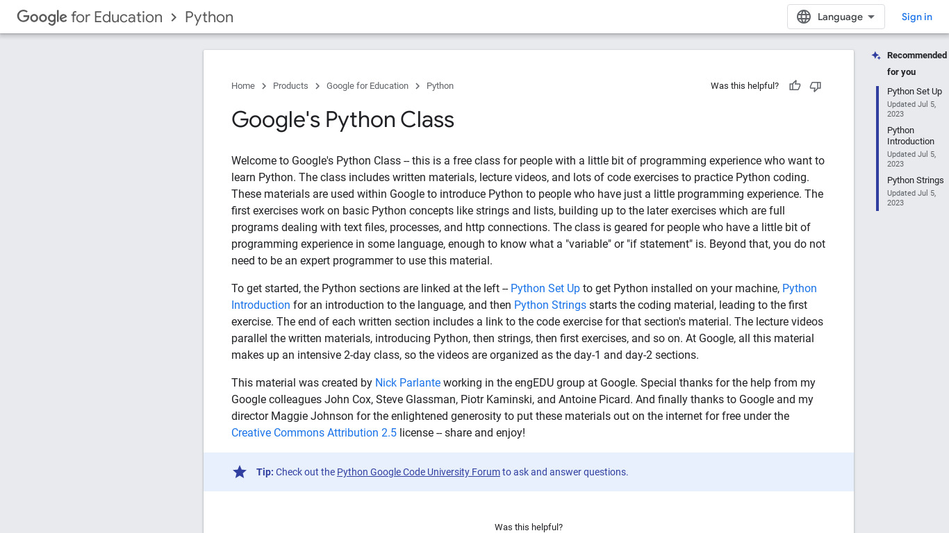 Google's Python Class Landing page