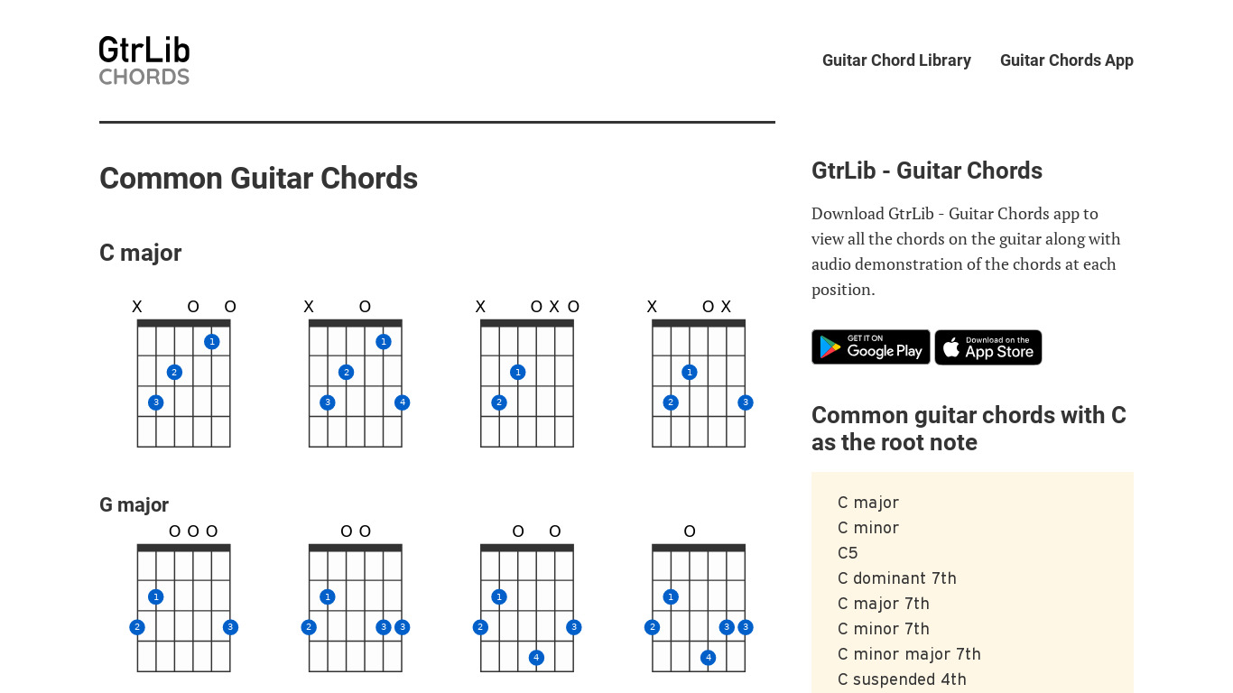 GtrLib - Guitar Chords Landing page