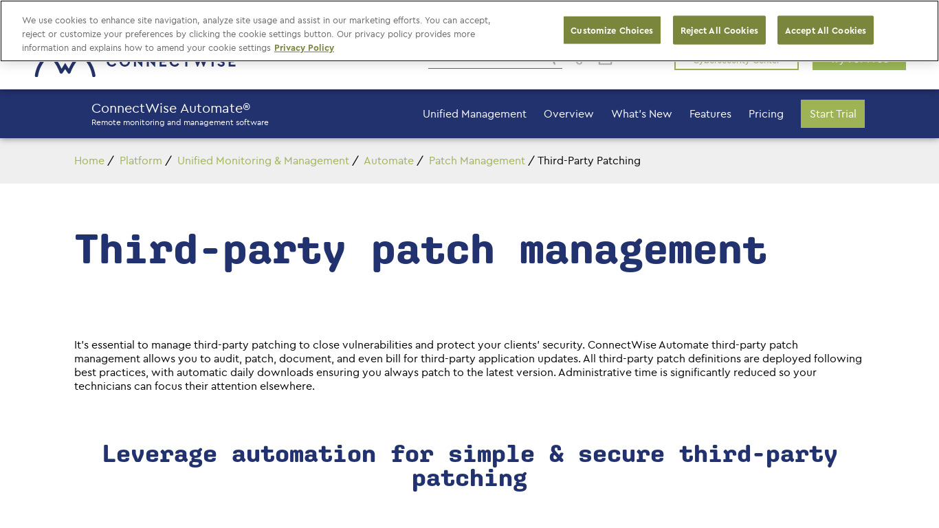 ConnectWise Third Party Patch Management Landing page