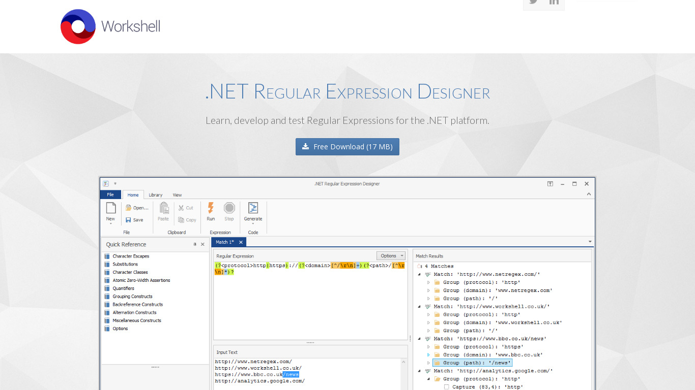 .NET Regular Expression Designer Landing page