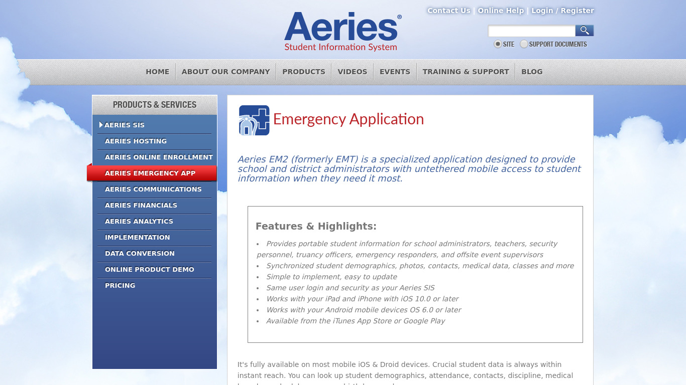 Aeries Emergency Application Landing page