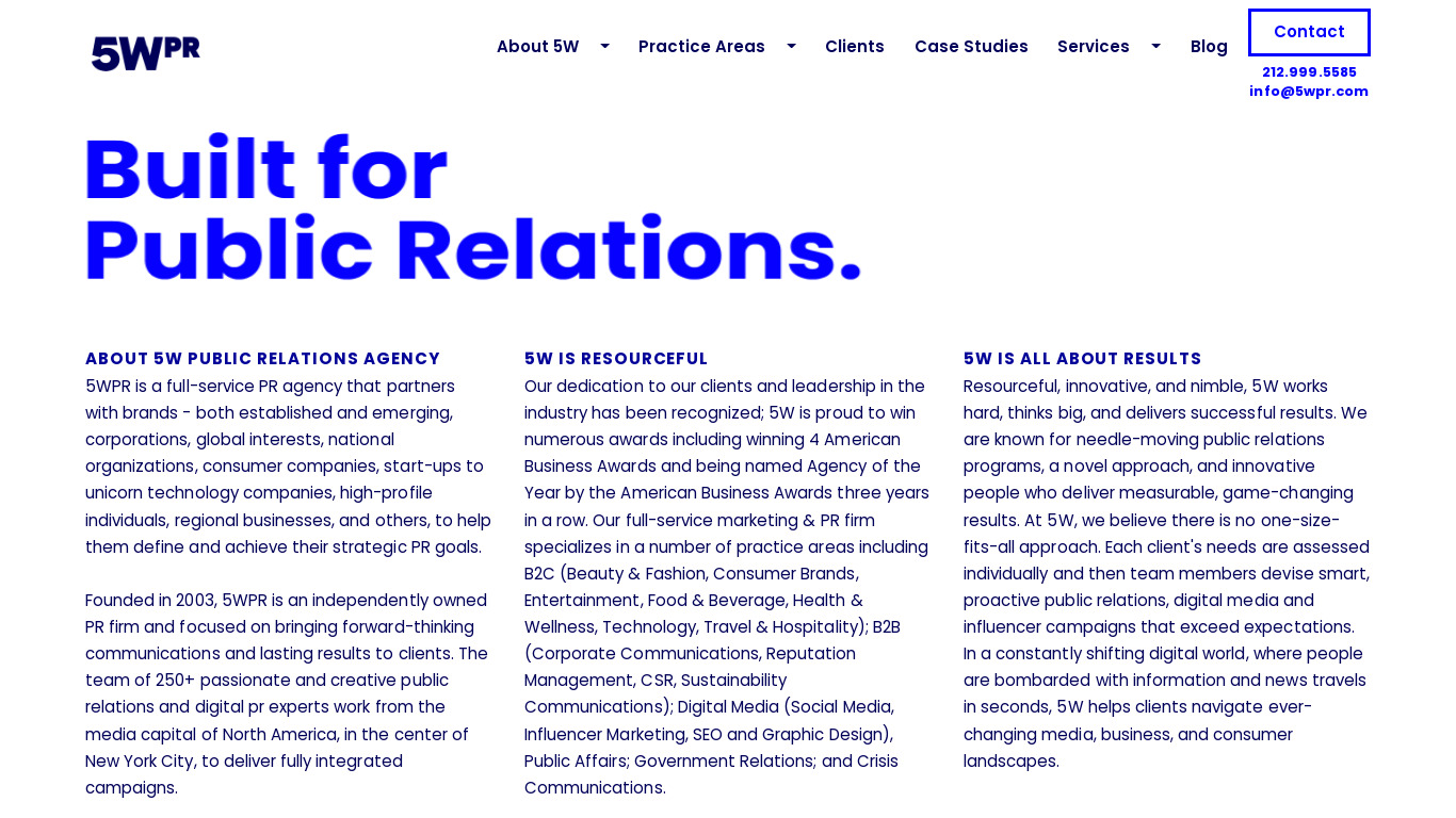 5W Public Relations Landing page