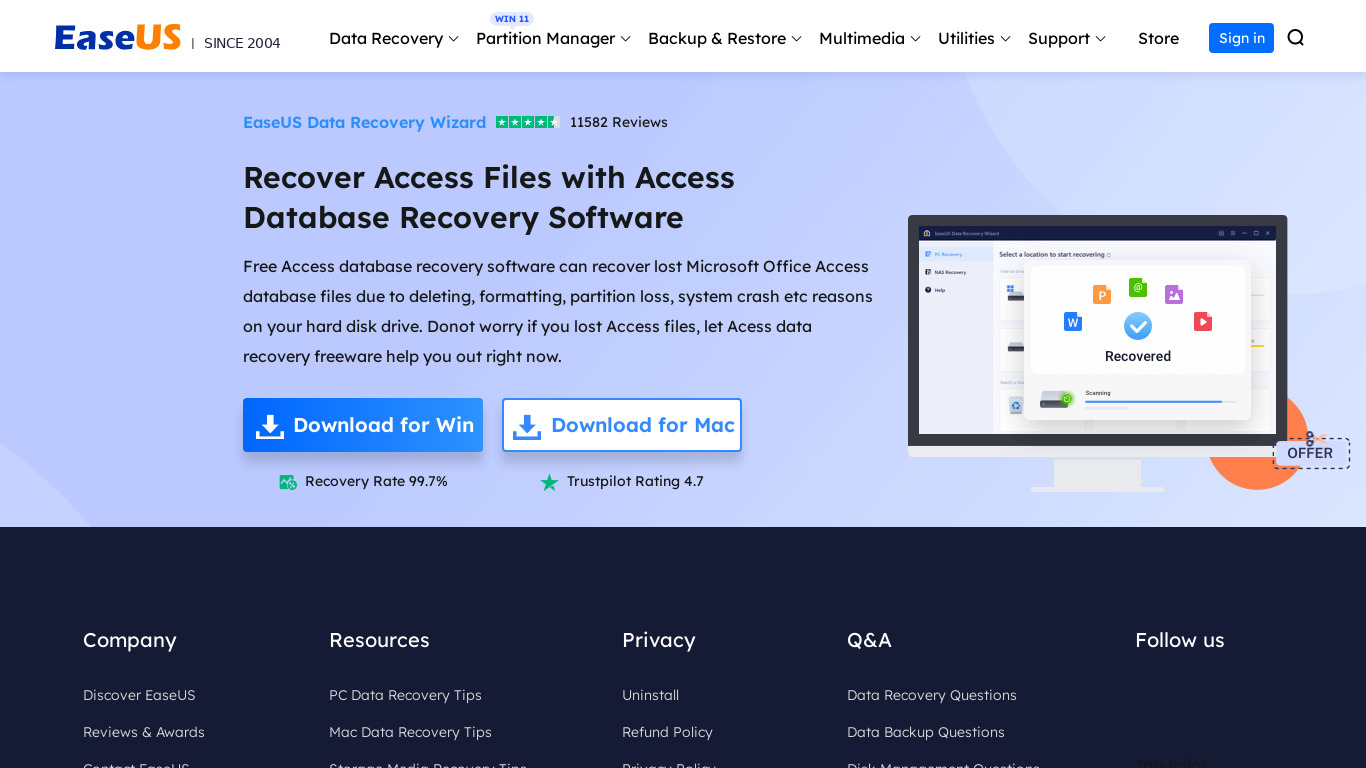 MS Access Database Recovery software Landing page
