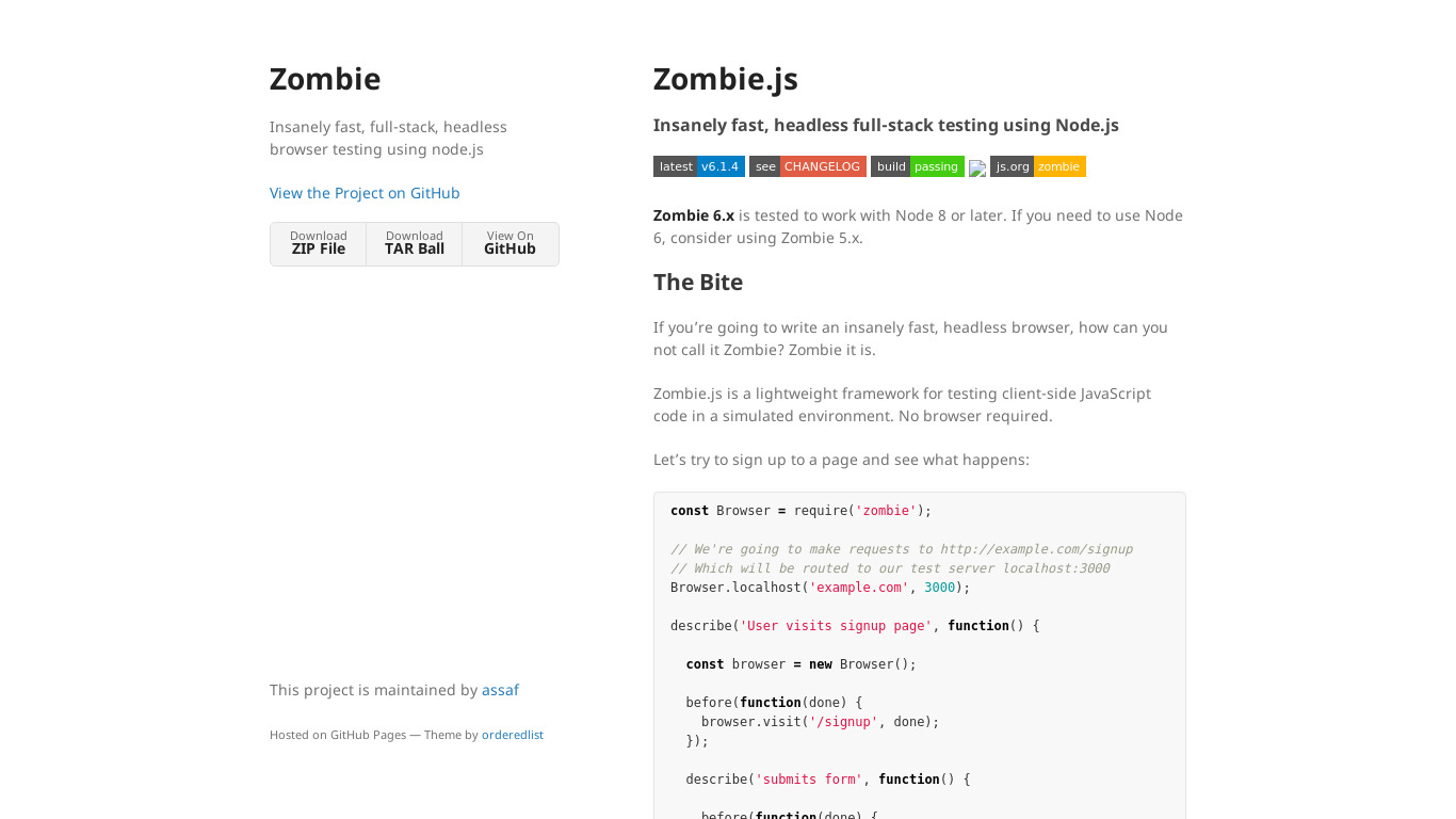 Zombie.js Landing page