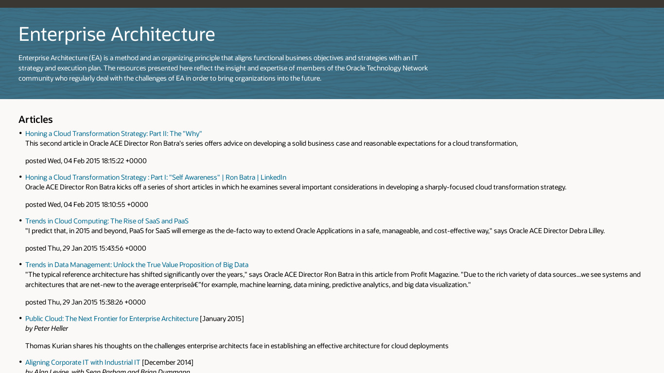 Oracle Enterprise Architecture Landing page