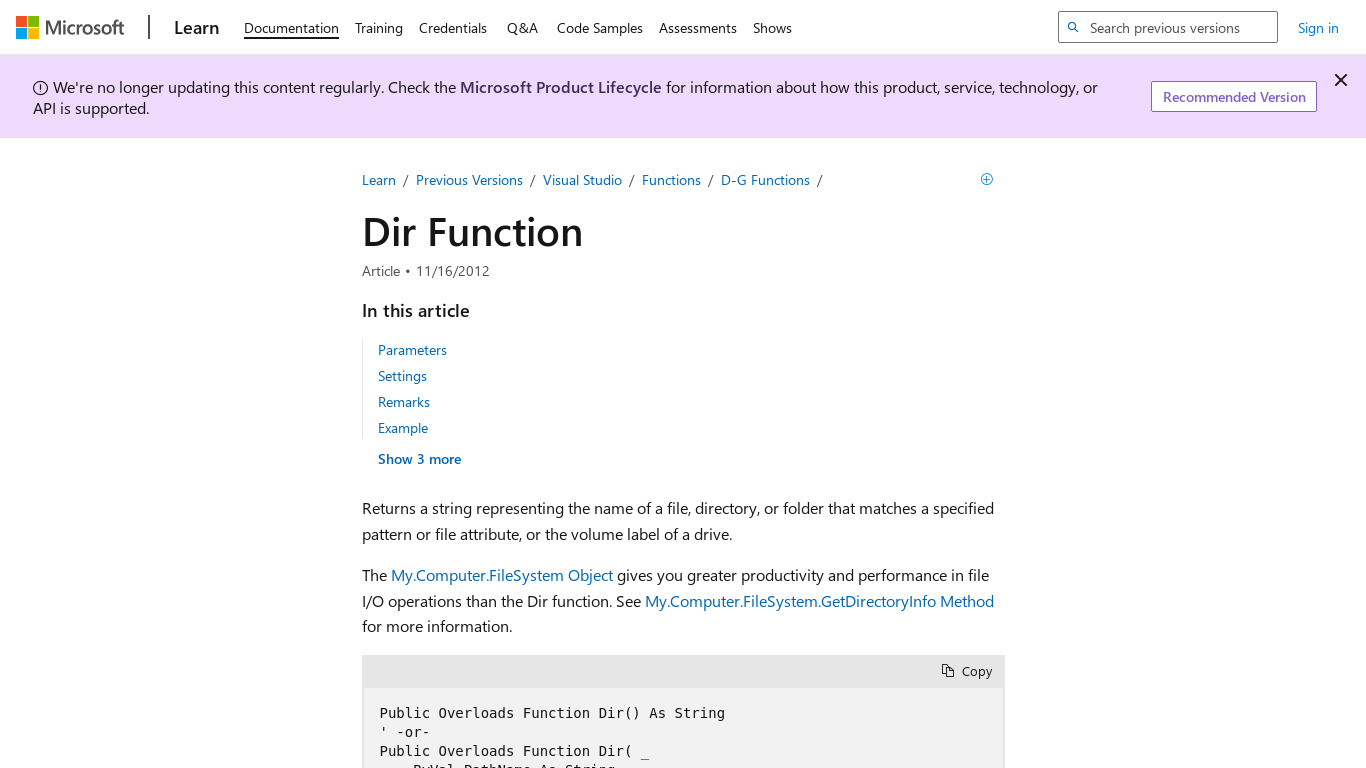Dir Function Landing page