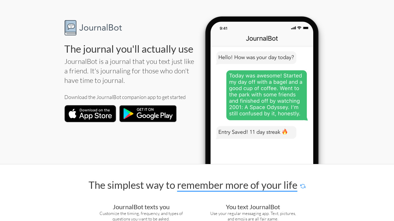 Journalbotapp.com Landing page
