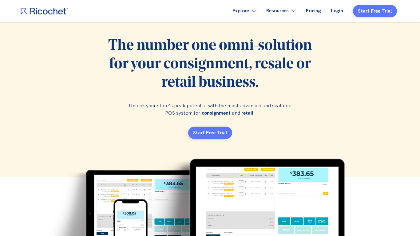 Ricochet Consignment Software Landing page