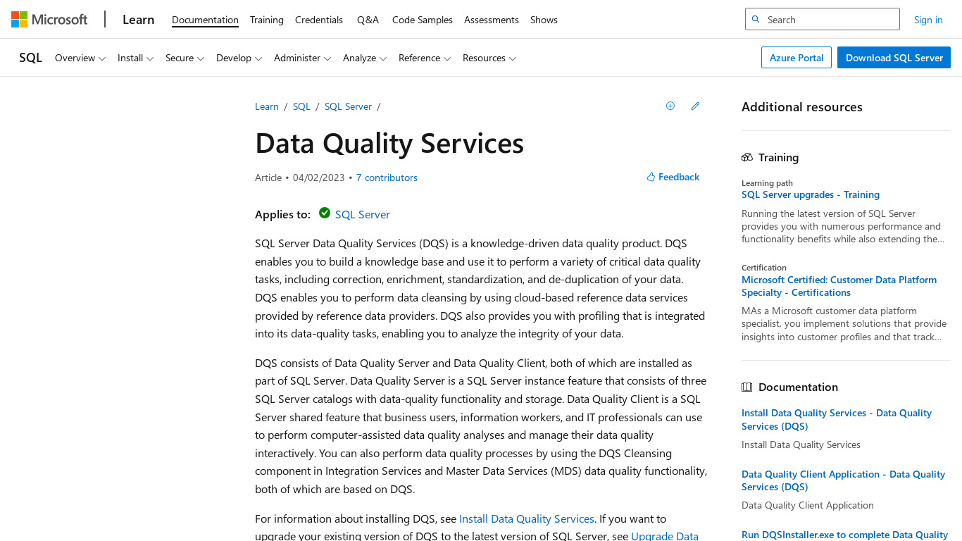 Microsoft Data Quality Services Landing page