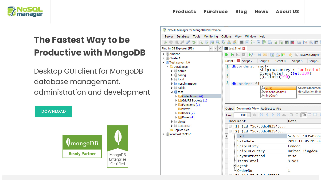 NoSQL Manager For MongoDB Landing page